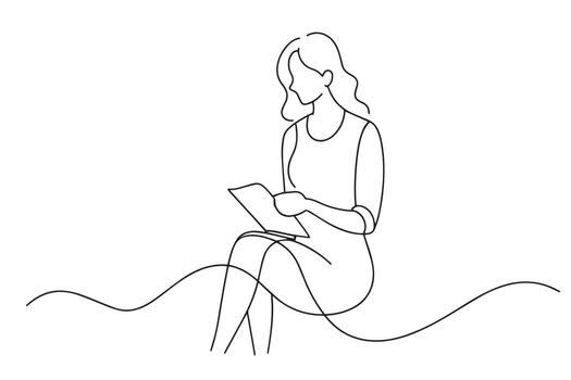 un mujer escribe en un bloc mientras participación un bolígrafo, enfocado en su tarea en un bien iluminado ambiente uno línea continuo línea Arte ilustración en blanco antecedentes vector