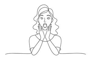 cartoon woman with a surprised expression holds her hands to her face, conveying shock or disbelief One line continuous line art illustration on white background. vector