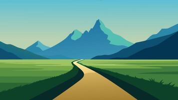 Tranquil dirt road cuts through a verdant field, with impressive mountains standing tall in the background, enhancing the landscape flat illustration vector