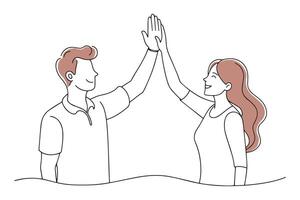 A man and woman joyfully exchange high fives, celebrating a moment of connection and enthusiasm doodle continuous line art illustration. vector