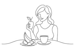 Young girl enjoying a healthy breakfast at a table, surrounded by fresh fruits and a cup of coffee, smiling contentedly One line continuous line art illustration on white background vector