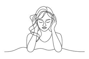woman holding her head, expressing discomfort from a headache, with a pained expression on her face One line continuous line art illustration on white background vector