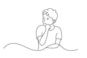 A contemplative boy appears deep in thought, reflecting on an idea or memory in his mind One line continuous line art illustration on white background vector