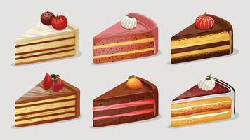 Set of Vanilla Cake slices with Fruit Toppings illustration, different flavors vector