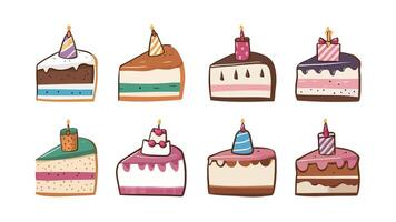 Set of cute cartoon cake slices with candle illustration, different flavors, isolated on white background vector