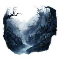 A Misty Forest Canyon with a Stream Running Through It png