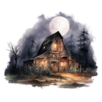 A Rustic Wooden Barn Under a Full Moon in a Foggy Forest png