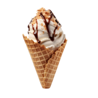 Vanilla Ice Cream In Waffle Cone With Chocolate Drizzle And Crumble Topping On Isolated Background. png