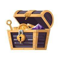 an open chest with a key and a purple gem vector