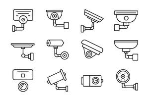 CCTV camera concept related black stroke outline icons set isolated illustration on white background. vector