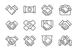 Handshake, agreement, partnership, commitment related black stroke outline icons set isolated flat illustration on white background vector