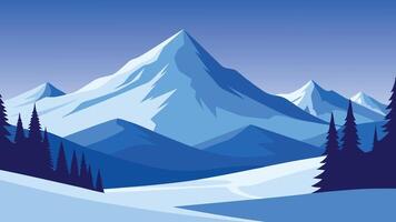 Beautiful winter landscape with trees blanketed in snow and mountains rising in the background flat illustration. vector