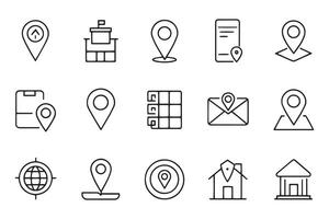 Pin, map, address, point, marker concept related black stroke outline icons set isolated flat illustration on white background vector