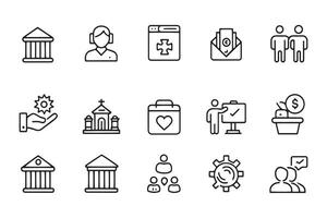 Social policy concept related black stroke outline icons set isolated flat illustration on white background. vector