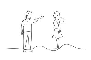man pointing at a woman, suggesting a moment of discussion or attention directed towards her One line continuous line art illustration on white background vector