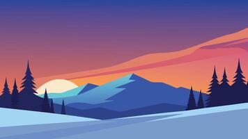 Winter scene showcasing snow-laden trees against a backdrop of a bright, colorful sky flat illustration vector