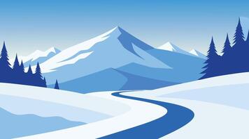 A serene winter landscape featuring snow covered trees and distinct tracks winding through the pristine white snow flat illustration vector