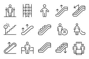 Escalator and stairs up and down concept related black stroke outline icons set isolated flat illustration on white background vector