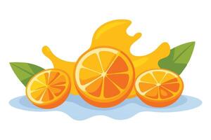 Fresh orange slices splashing in water flat illustration on white background. vector