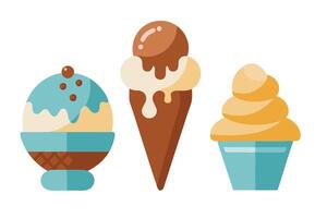 An ice cream cone topped with chocolate syrup and overflowing with creamy vanilla ice cream illustration set on white background. vector