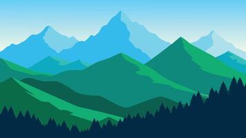 Lush green mountains under a clear blue sky create a serene and picturesque landscape flat illustration. vector