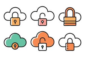 Colorful Cloud Lock and storage editable stroke outline icons set isolated on white background flat illustration Doodle related colorful icon set flat illustration on white background. vector