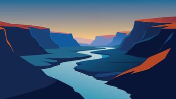 An expansive view of an Icelandic landscape showcasing a flowing river, framed by dramatic cliffs and vibrant vegetation flat illustration vector