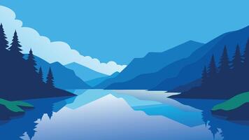 Calm water, surrounded by lush trees and a clear blue sky, creating a serene natural landscape flat illustration. vector