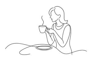 Woman seated at a table, enjoying a cup of coffee in a cozy setting One line continuous line art illustration on white background vector