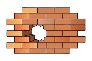A brick wall featuring a noticeable hole, revealing the space behind it, showcasing the texture of the bricks flat illustration on white background vector