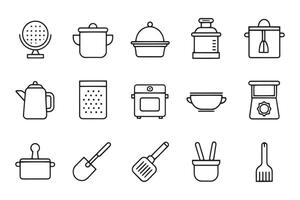 Cookware and tableware concept related black stroke outline icons set isolated illustration on white background. vector