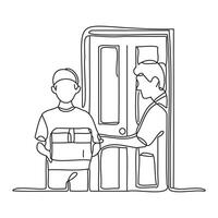 One line minimum continuous line art of a boy handing a delivery box on the door of the customer, white background vector