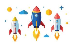 Rocket launching into space illustration set on white background vector