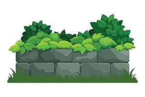 Stone wall covered in lush green plants, creating a natural and serene atmosphere flat illustration on white background. vector