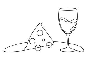 A glass of wine next to a slice of pizza on a table continuos line art illustration. vector