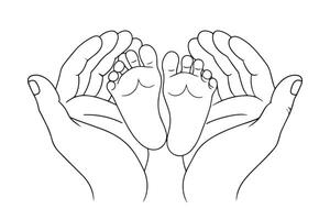 Two hands gently cradle a baby's tiny feet. continuous line art illustration vector