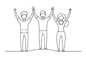Three individuals enthusiastically raise their hands in the air, expressing joy and excitement in a lively setting ne line continuous line art illustration on white background vector