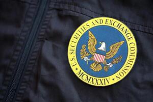 KYIV, UKRAINE - JUNE 26, 2024 U.S. Securities and Exchange Commission coat of arms as pin on black uniform jacket photo