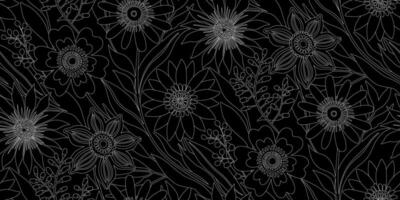 Floral Seamless Pattern of Flowers and Leaves in Line Art Bohemian style, White Outline on Black Background. Wallpaper Design for Textiles, Fabrics, Papers, Prints, Beauty Products. vector