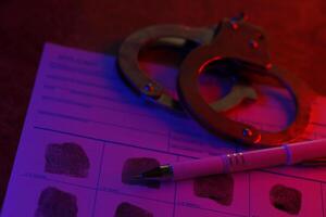 Applicant or fingerprints card with police handcuffs on table in dark room photo