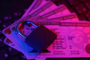 Permanent resident green card for US DV-lottery with small padlock on computer keyboard photo