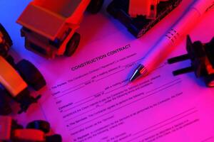 Construction contract with pen lies on table with many yellow construction and service toy vehicles photo