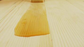 A person varnishes a wooden surface. Paintbrush on wood table in close-up. Painting wooden surface using a paintbrush. Wood surface absorbs varnish video