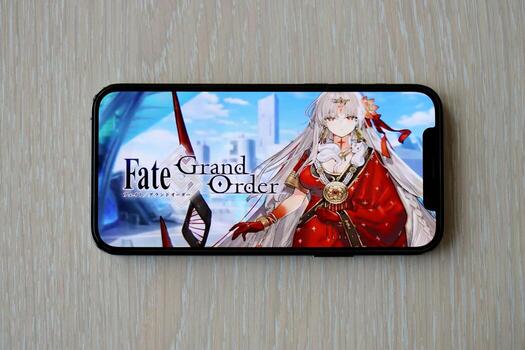 Fate Grand Order mobile iOS game on iPhone 15 smartphone screen on wooden table during mobile gameplay photo
