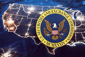 KYIV, UKRAINE - JUNE 26, 2024 U.S. Securities and Exchange Commission coat of arms on paper map of United States photo