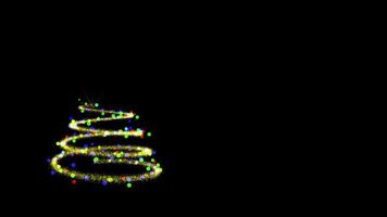 Glitter gold Christmas tree with colorful sparkles and lights. Spectacular fireworks around on black background. Place for your text with congratulations. video
