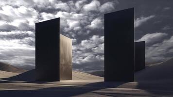 Abstract sculpture in the desert. Realistic mysterious sculpture far away from civilization, from another planet video