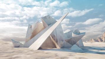 Abstract sculpture in the desert. Realistic mysterious sculpture far away from civilization, from another planet video