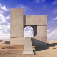 Abstract sculpture in the desert. Realistic mysterious sculpture far away from civilization, from another planet video