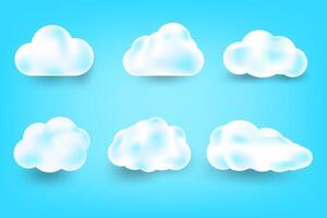 White cute clouds set isolated on blue background. 3d realistic soft fluffy clouds icon blue sky vector